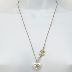 Guaranteed Authentic Chanel Resin Crystal CC Heart with Pink Bead Necklace Pearly White Gold 12.25in