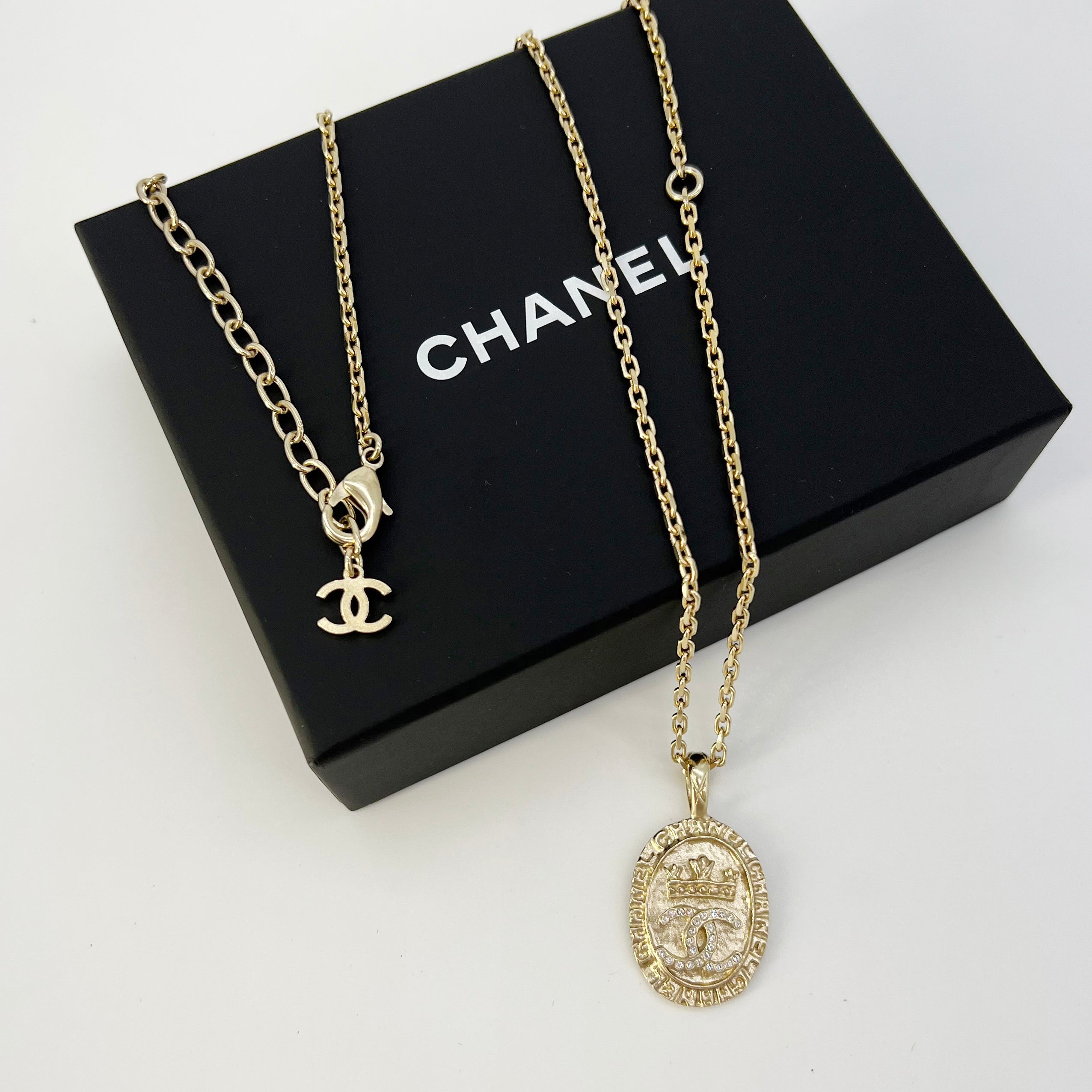 Gold Metal Chanel Logo Pendant Necklace