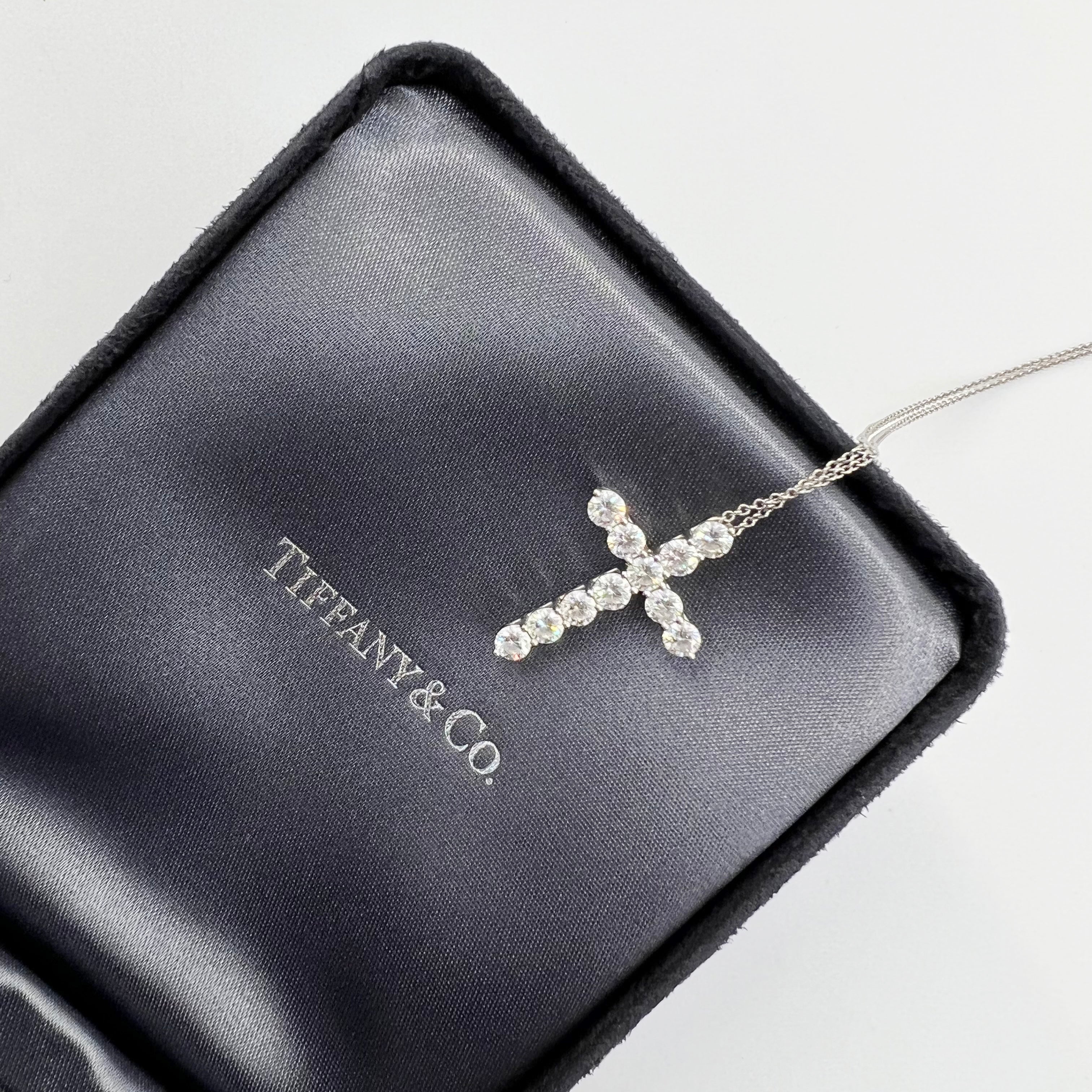 Guaranteed Authentic Tiffany Cross Pendant in platinum with round brilliant diamonds 16"