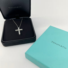 Guaranteed Authentic Tiffany Cross Pendant in platinum with round brilliant diamonds 16"