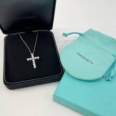 Guaranteed Authentic Tiffany Cross Pendant in platinum with round brilliant diamonds 16"