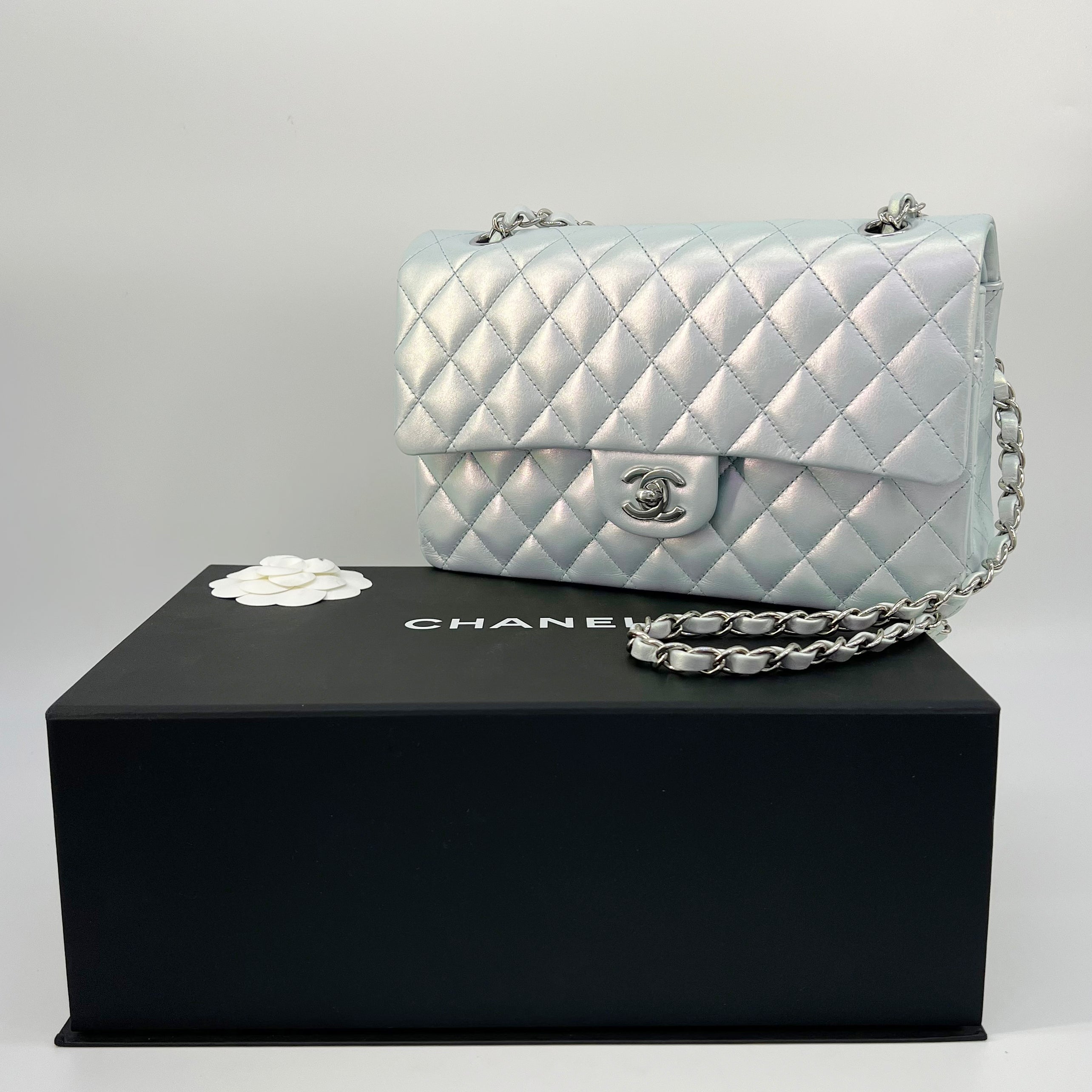 Guaranteed Authentic Chanel Double Flap Classic Timeless 10 light Blue  Iridescent Lambskin Shoulder Bag