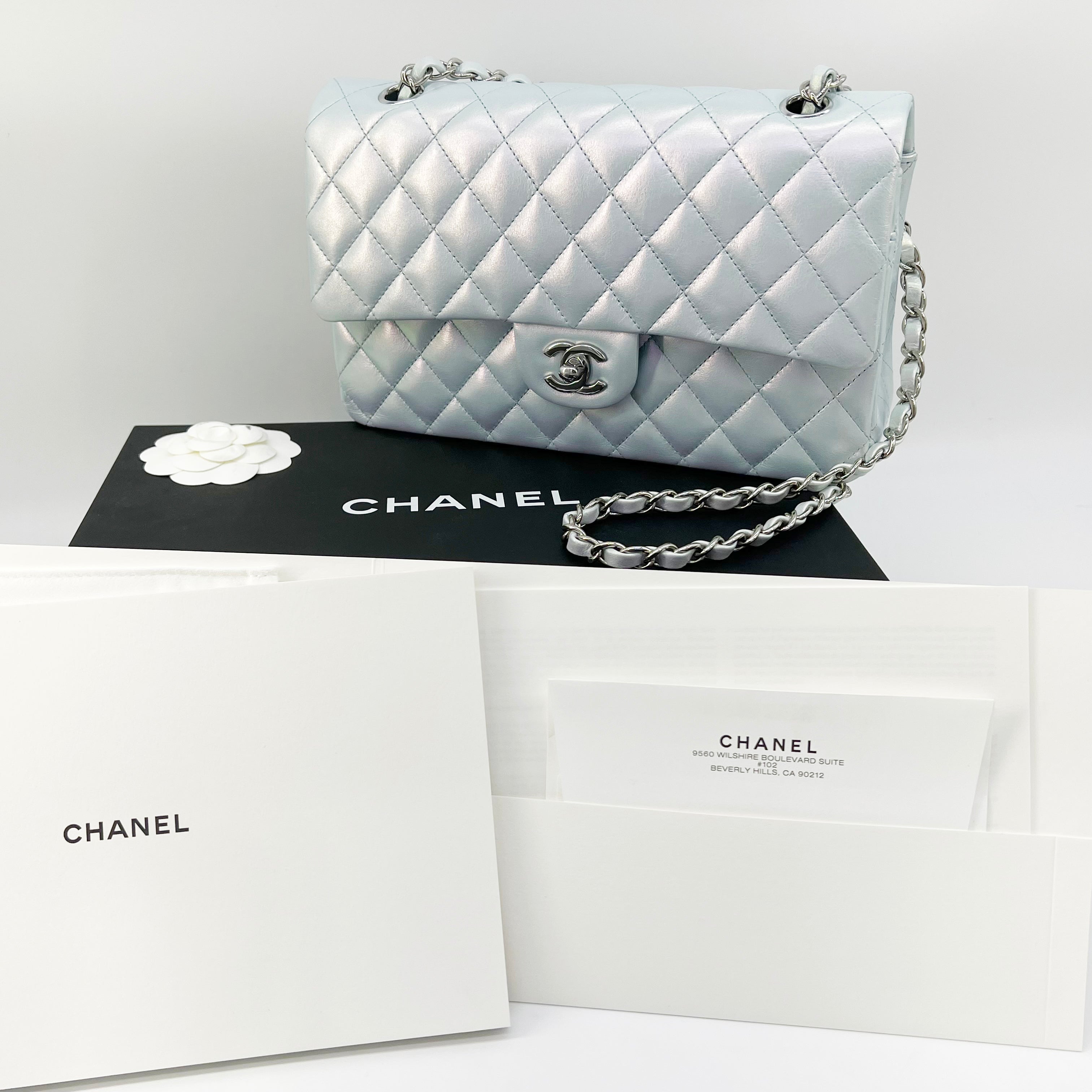 Guaranteed Authentic Chanel Double Flap Classic Timeless 10" light Blue Iridescent Lambskin Shoulder Bag