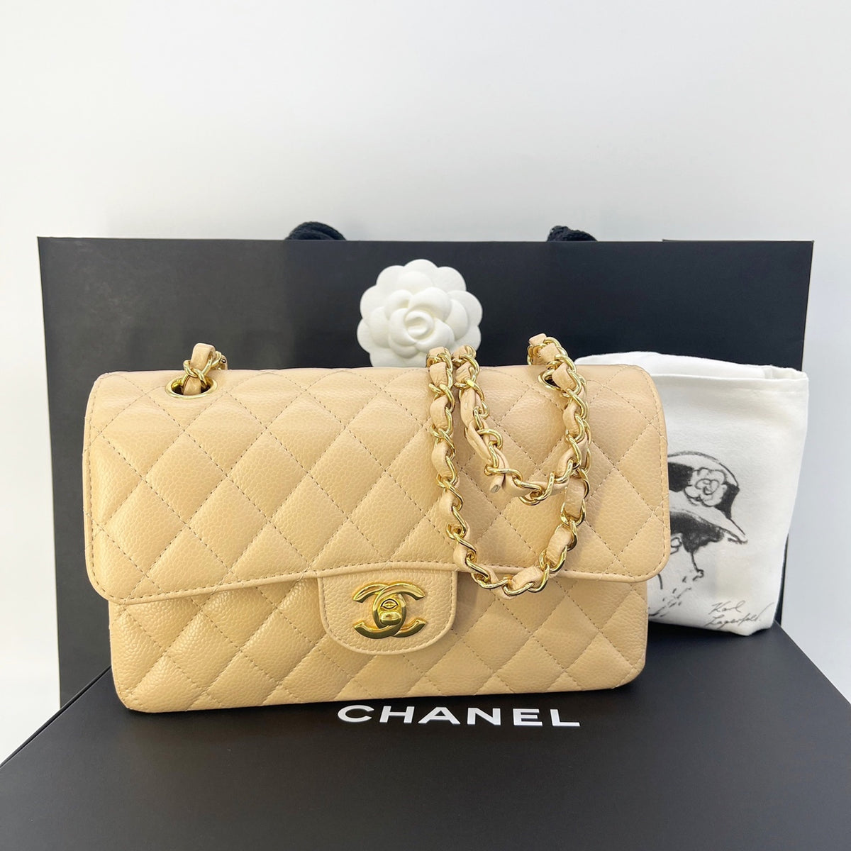 Chanel Beige Quilted Caviar Leather Medium Classic Double Flap Bag Chanel