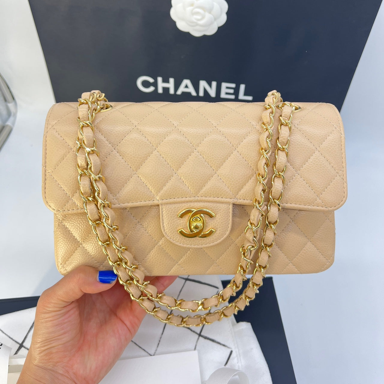 Guarantee authentic Chanel Classic Small Quilted Caviar Double
