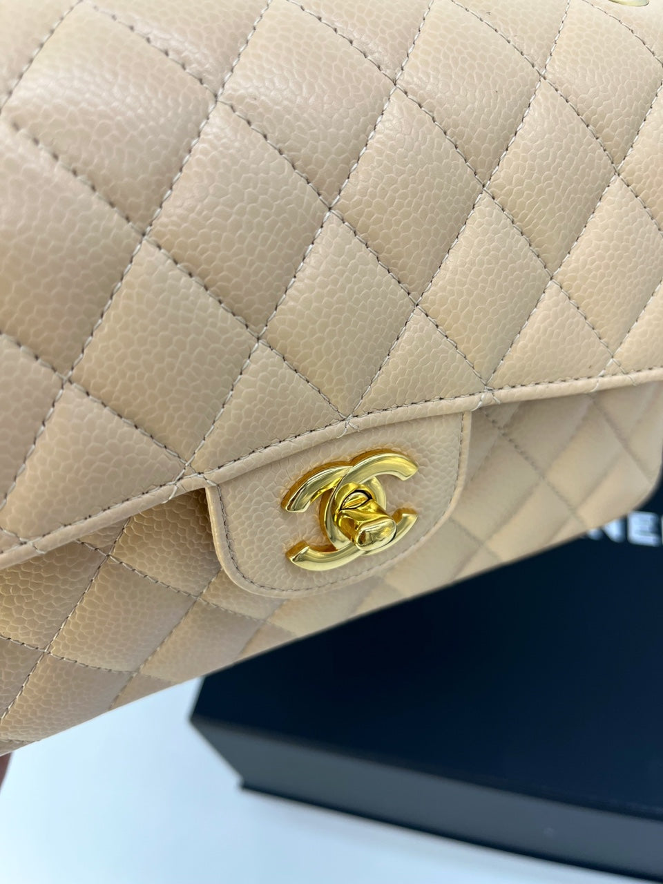 Chanel Beige Quilted Caviar Small Classic Double Flap Gold Hardware (Like New), Womens Handbag