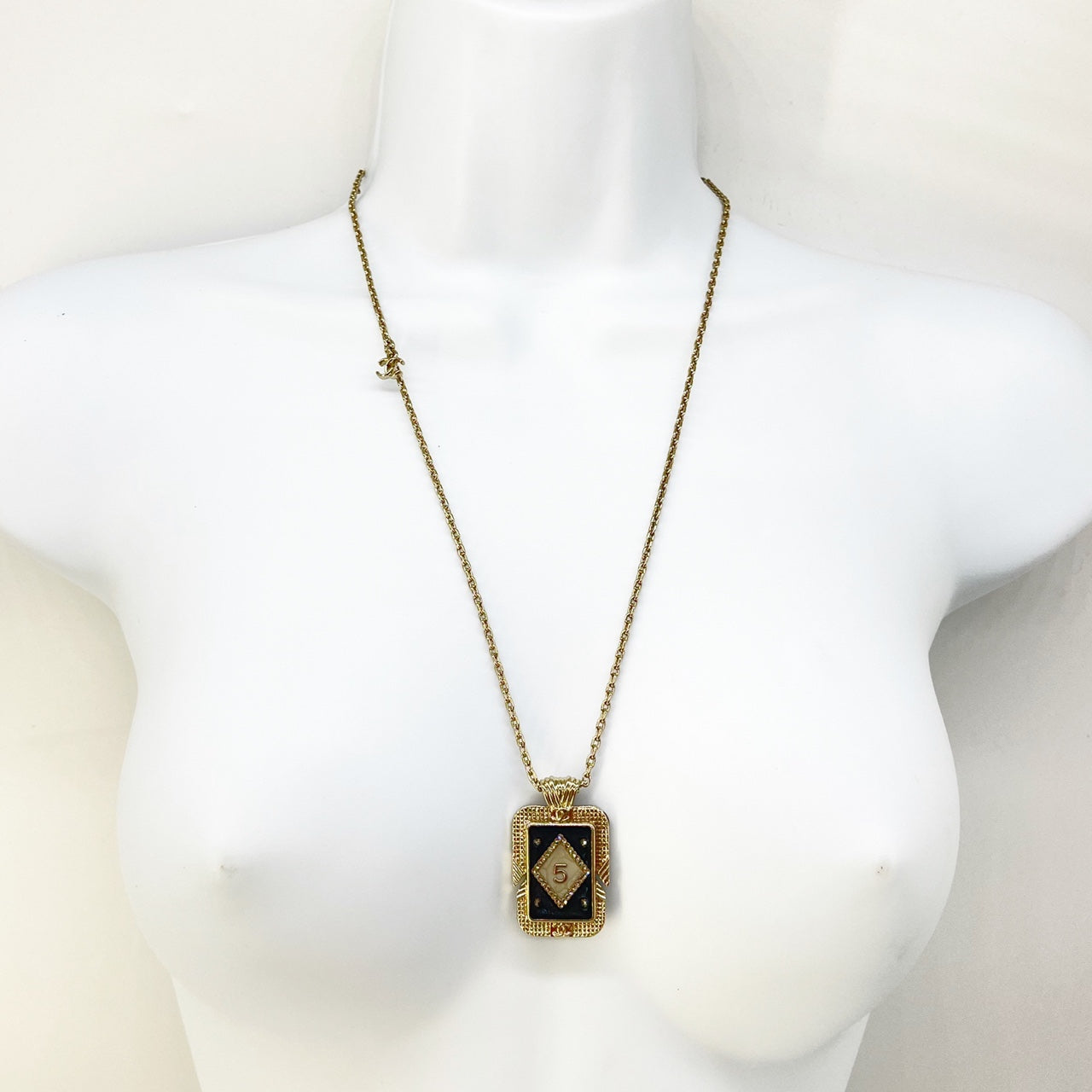 Guarantee Authentic Chanel Crystal No.5 Perfume Bottle Rectangle Pendant Reversible Gold Tone Necklace