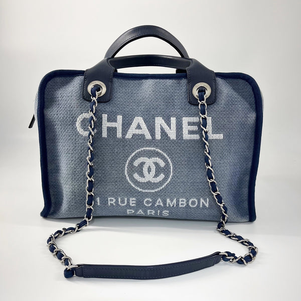 Guarantee Authentic Chanel Blue Denim and Leather Deauville Bowling Ch –