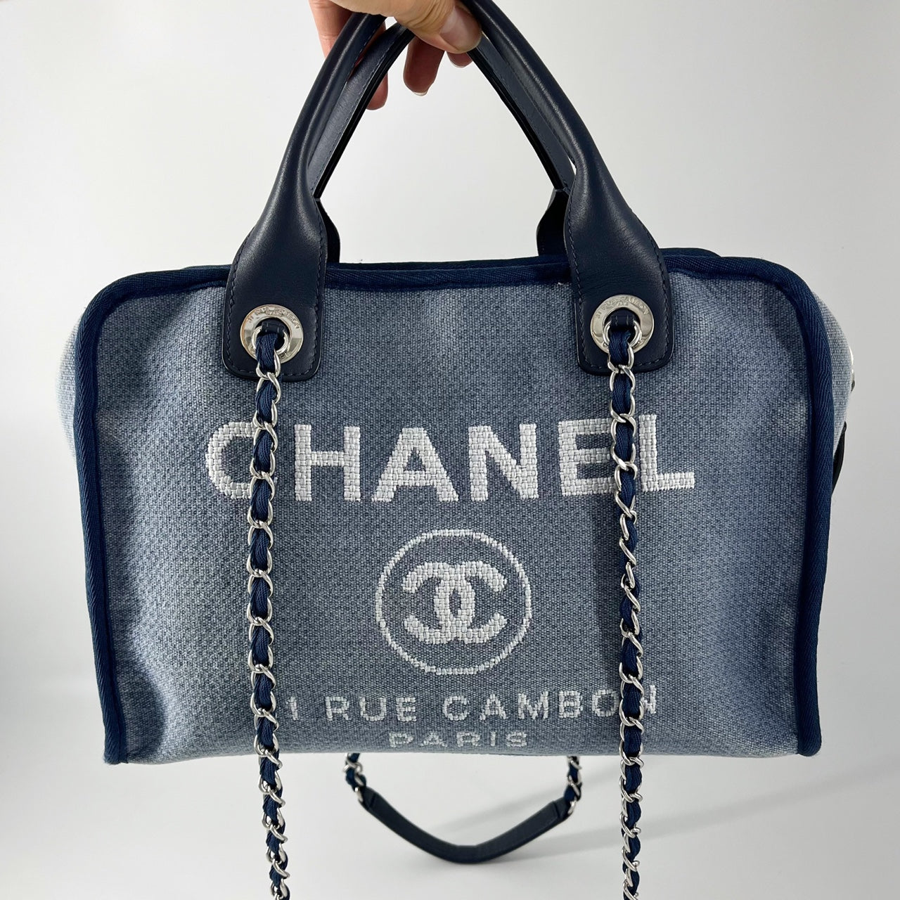Guarantee Authentic Chanel Blue Denim and Leather Deauville Bowling Ch –