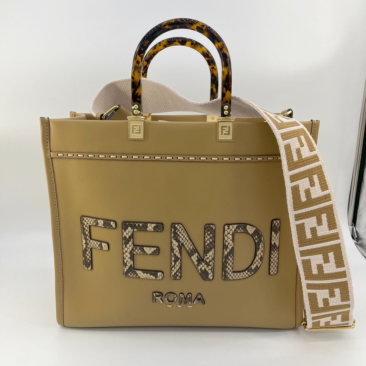 Guarantee authentic Fendi Medium Sunshine Python embossed Logo Top handle Shopper Tote Bag