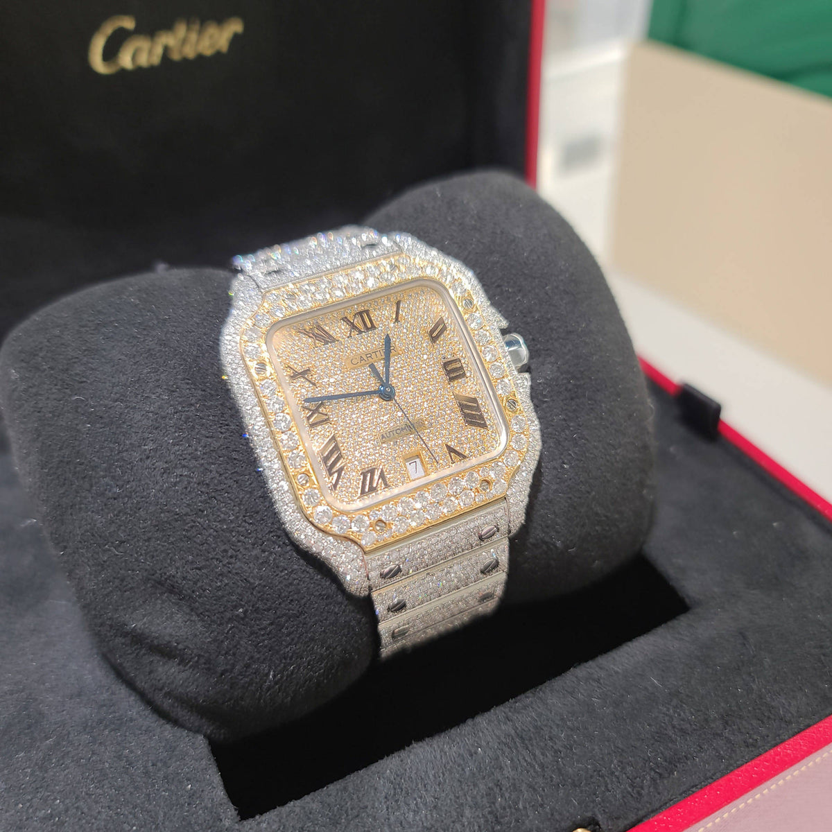 CARTIER 18K GOLD SANTOS LARGE TOW TONE FULL PAVE