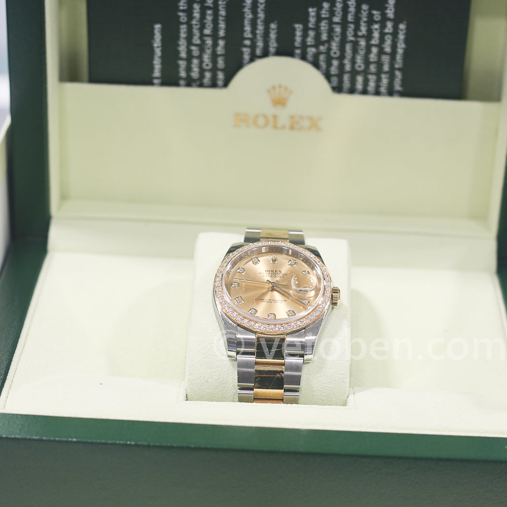 ROLEX Datejust Two-Tone Yellow Gold & Stainless Steel with Gold Dial, Diamond Bezel & Markers