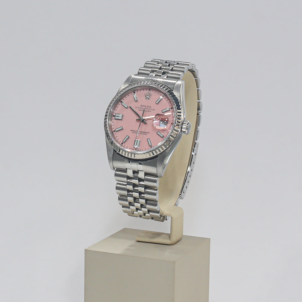 Rolex Silver Stainless Steel Oyster Perpetual Datejust with Baby Pink Dial Fluted Bezel and Jubilee Band