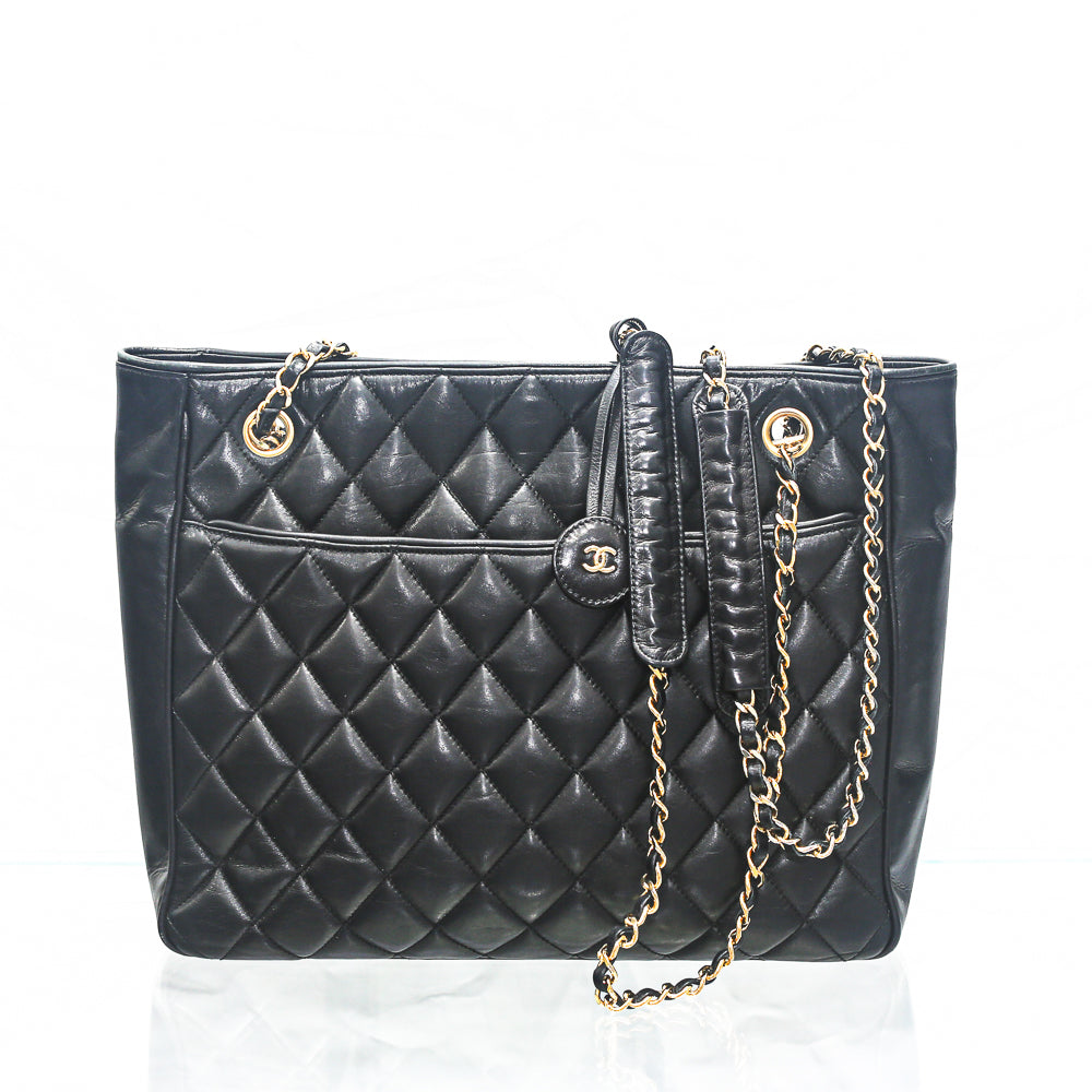 CHANEL Black Calfskin Leather Shopping Tote with Gold Hardware –