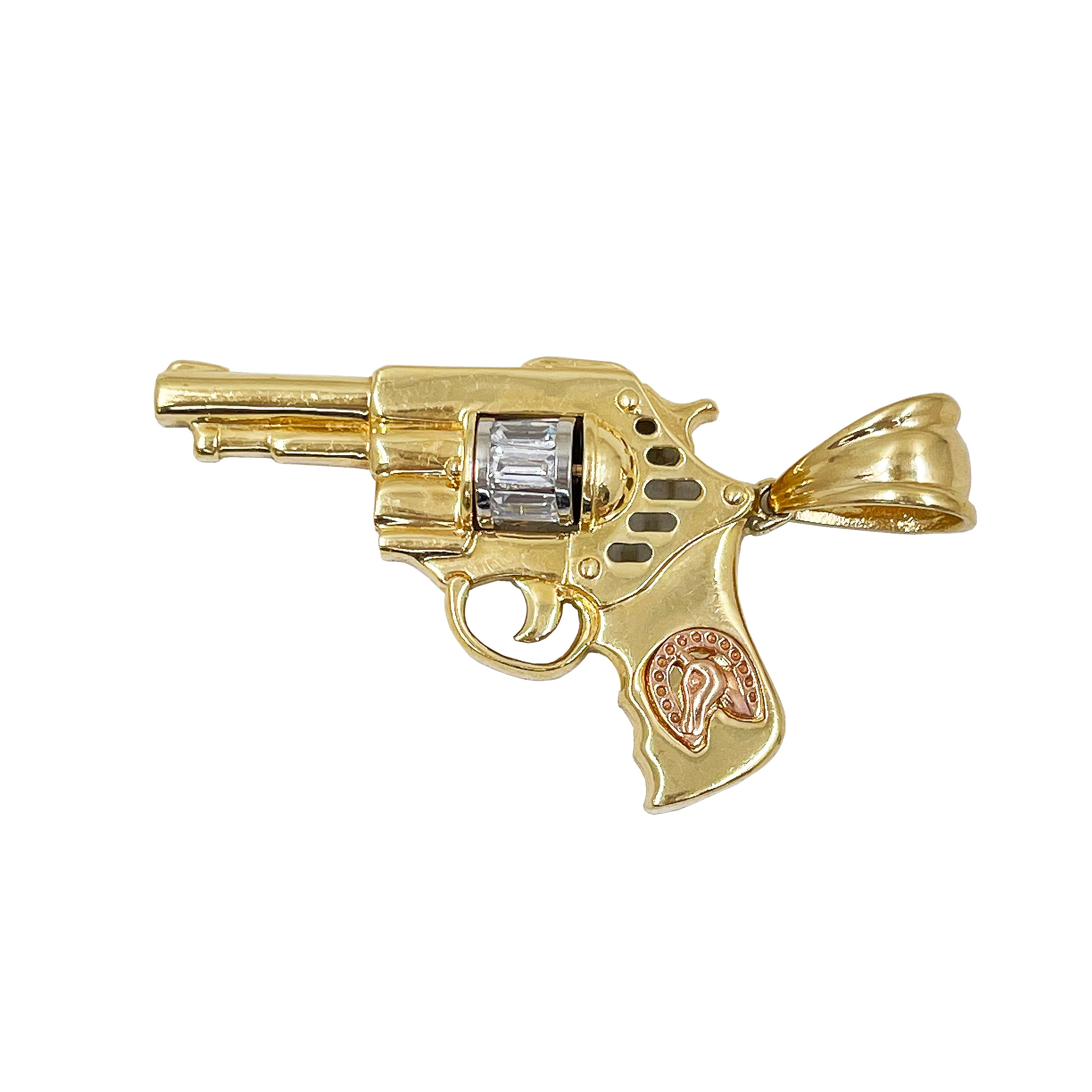 14K Gold Gun with Rose Gold and Crystal Set Necklace Pendant
