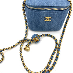 Brand New CHANEL Denim Quilted Pearl Crush Mini Vanity Case With Chain