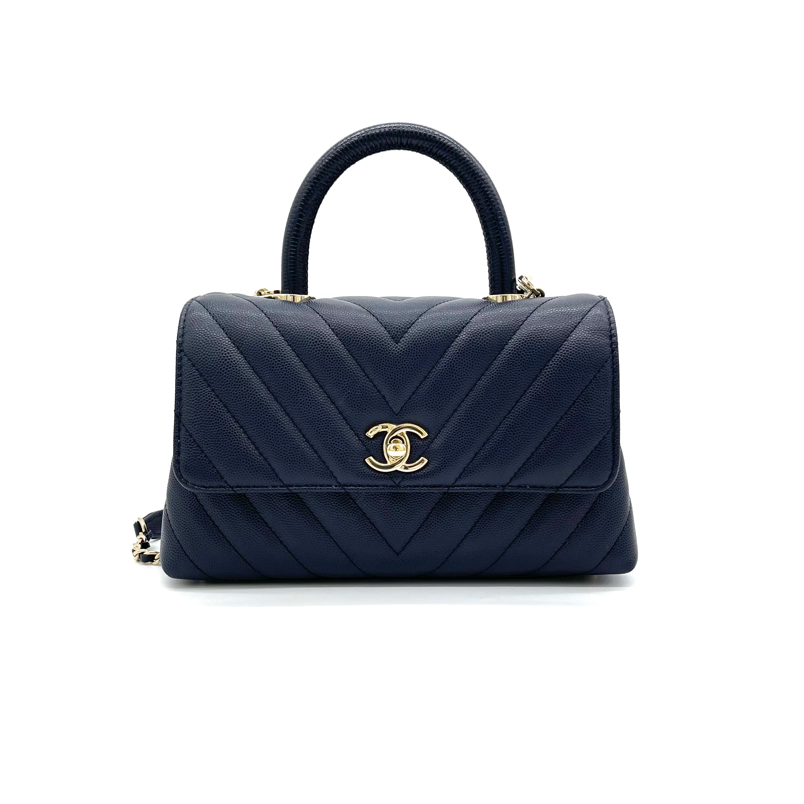 CHANEL Caviar Chevron Quilted Mini Coco Handle Flap Navy