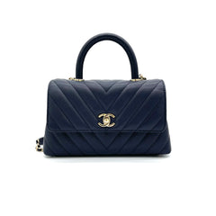 CHANEL Caviar Chevron Quilted Mini Coco Handle Flap Navy