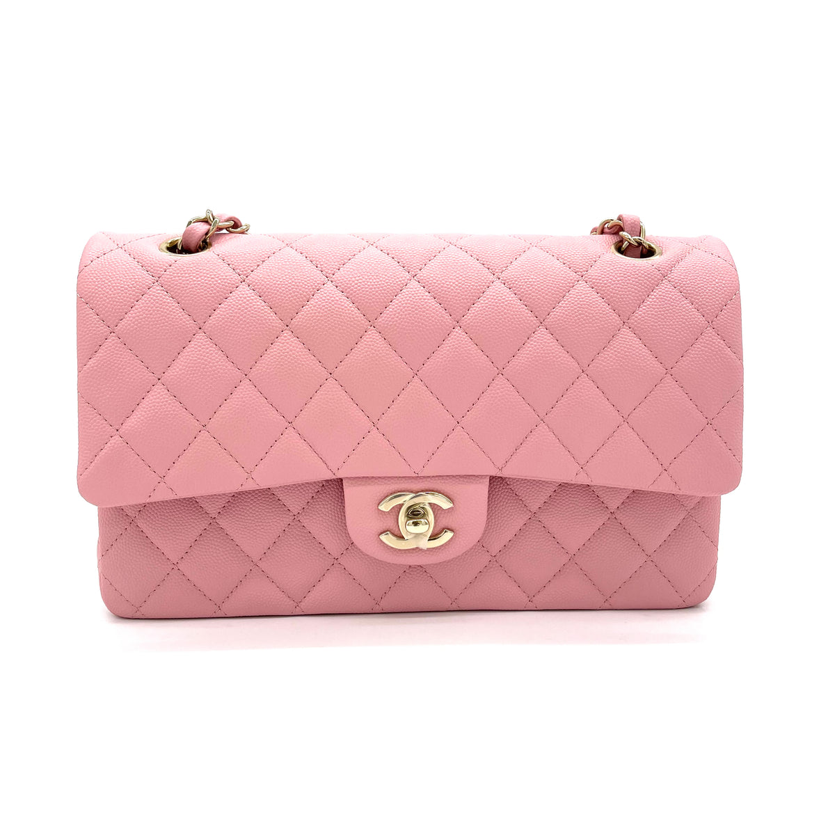 Brand New Chanel Pink Quilted Caviar Medium Classic Double Flap Gold Hardware