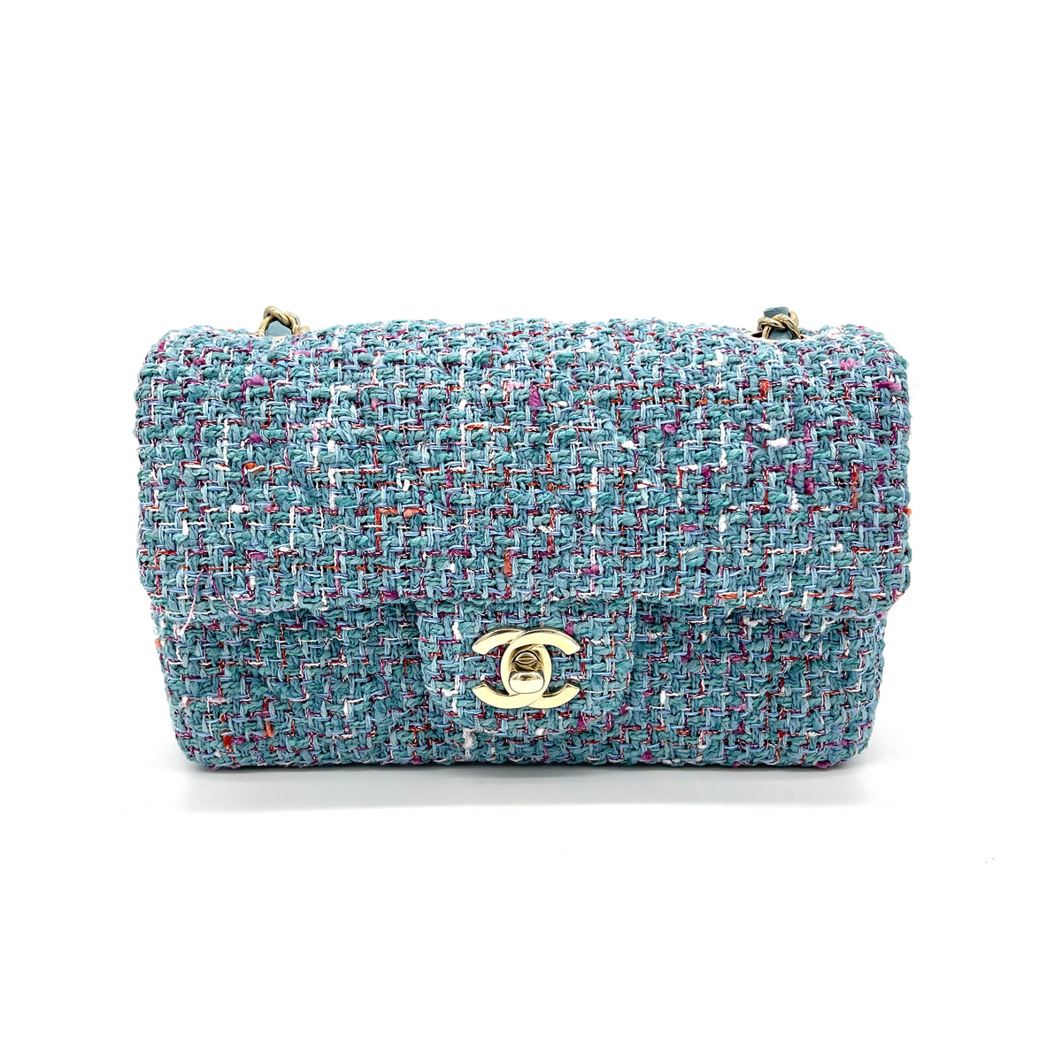 CHANEL Tweed Quilted Mini Rectangular Flap Gold Blue
