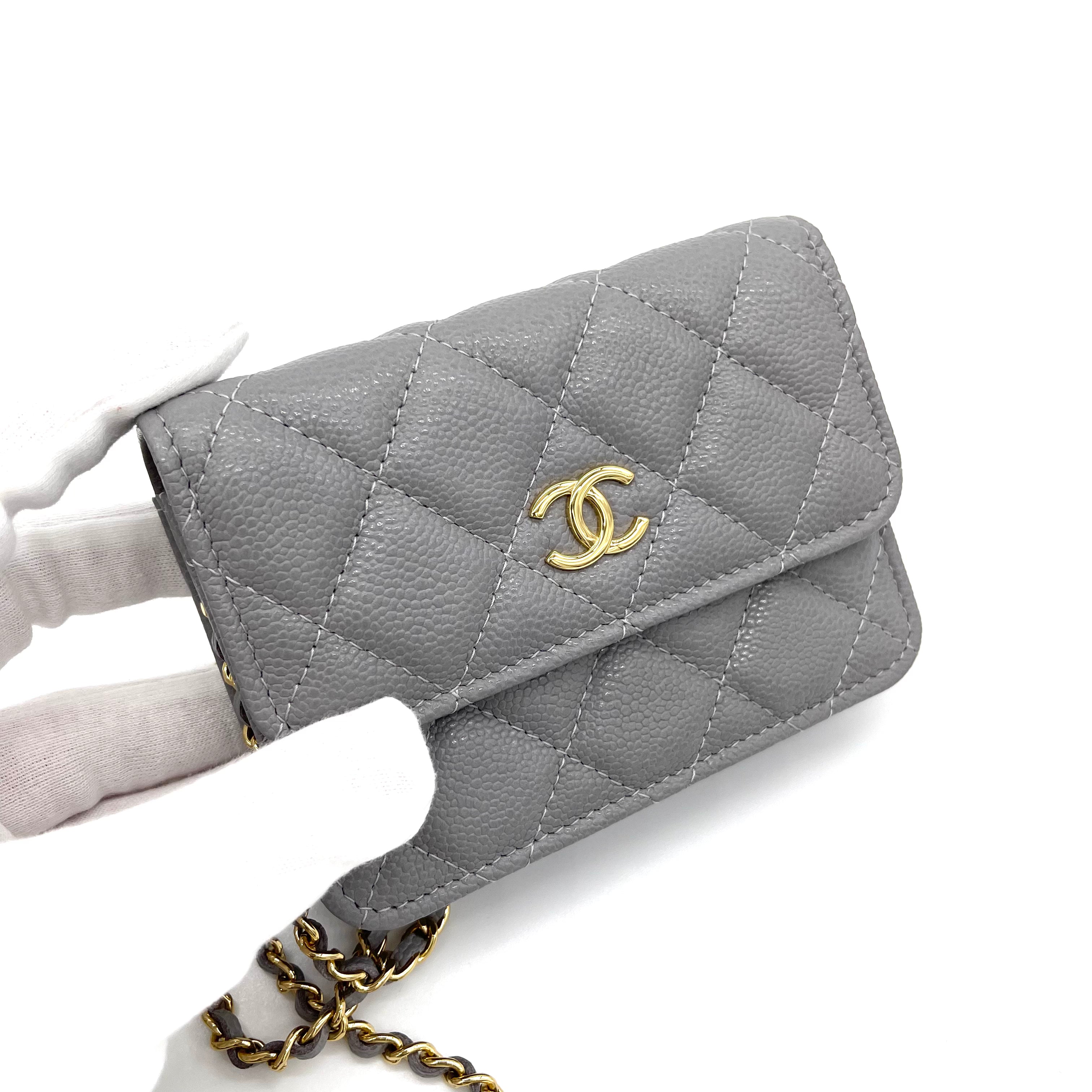 Brand New CHANEL Caviar Quilted Miss Coco Clutch With Chain Grey