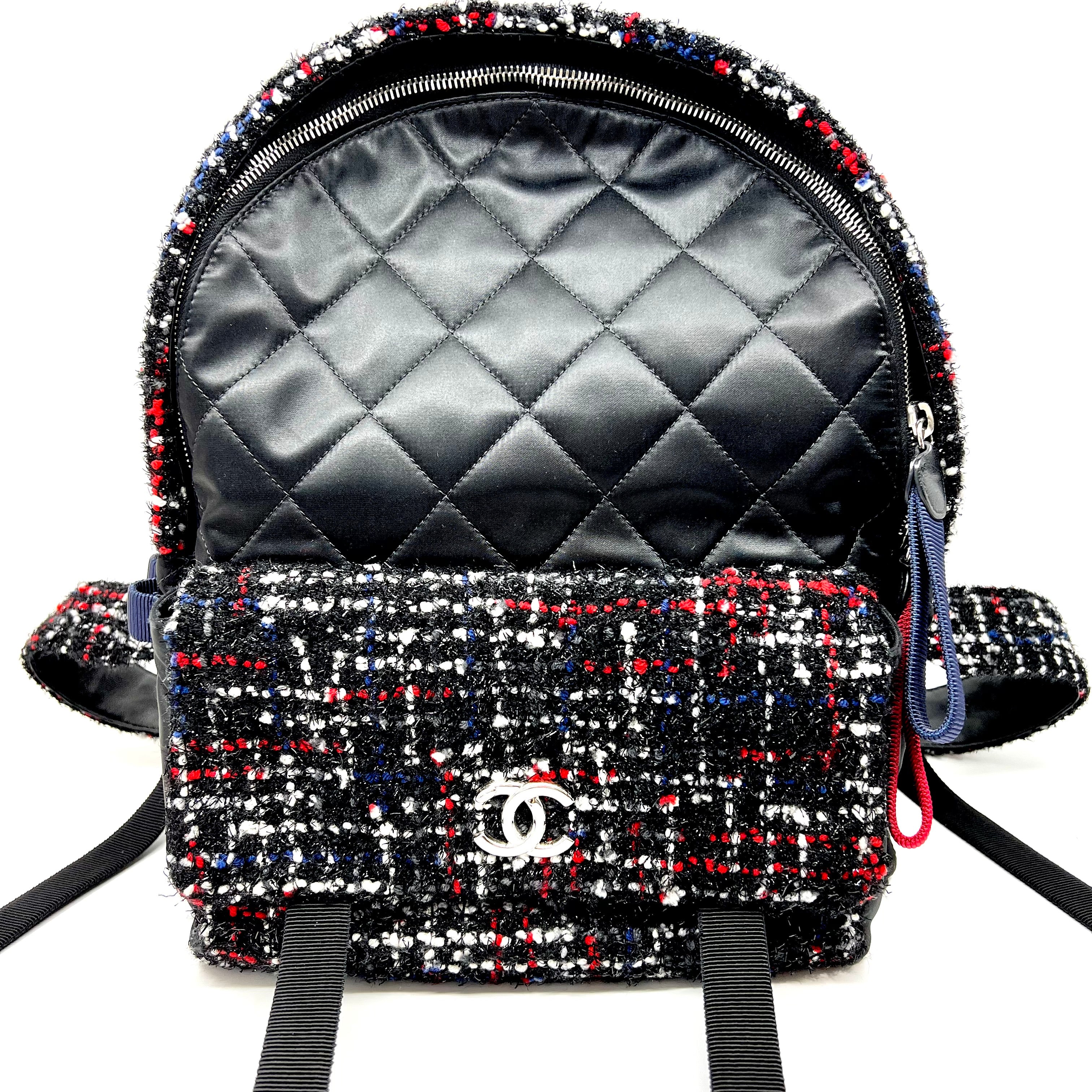 Chanel Red CC Mania Tweed Backpack Leather Pony-style calfskin