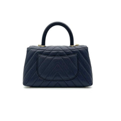 CHANEL Caviar Chevron Quilted Mini Coco Handle Flap Navy