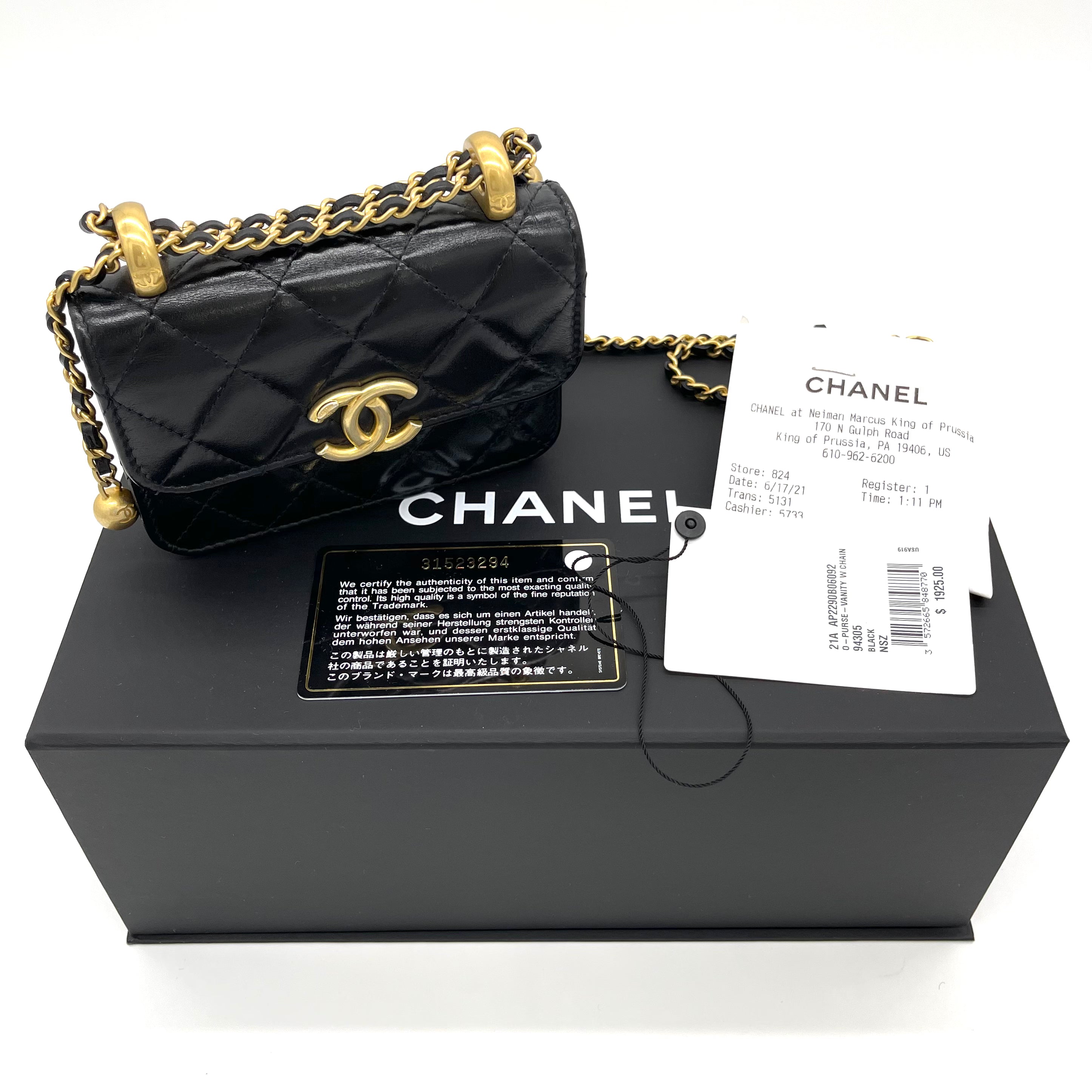 Chanel 21A Black Flap Coin Purse With Chain Gold Handle Shoulder