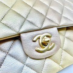 2022 Year CHANEL Classic Iridescent Lambskin Quilted Medium Double Flap Beige/Golden Handbag