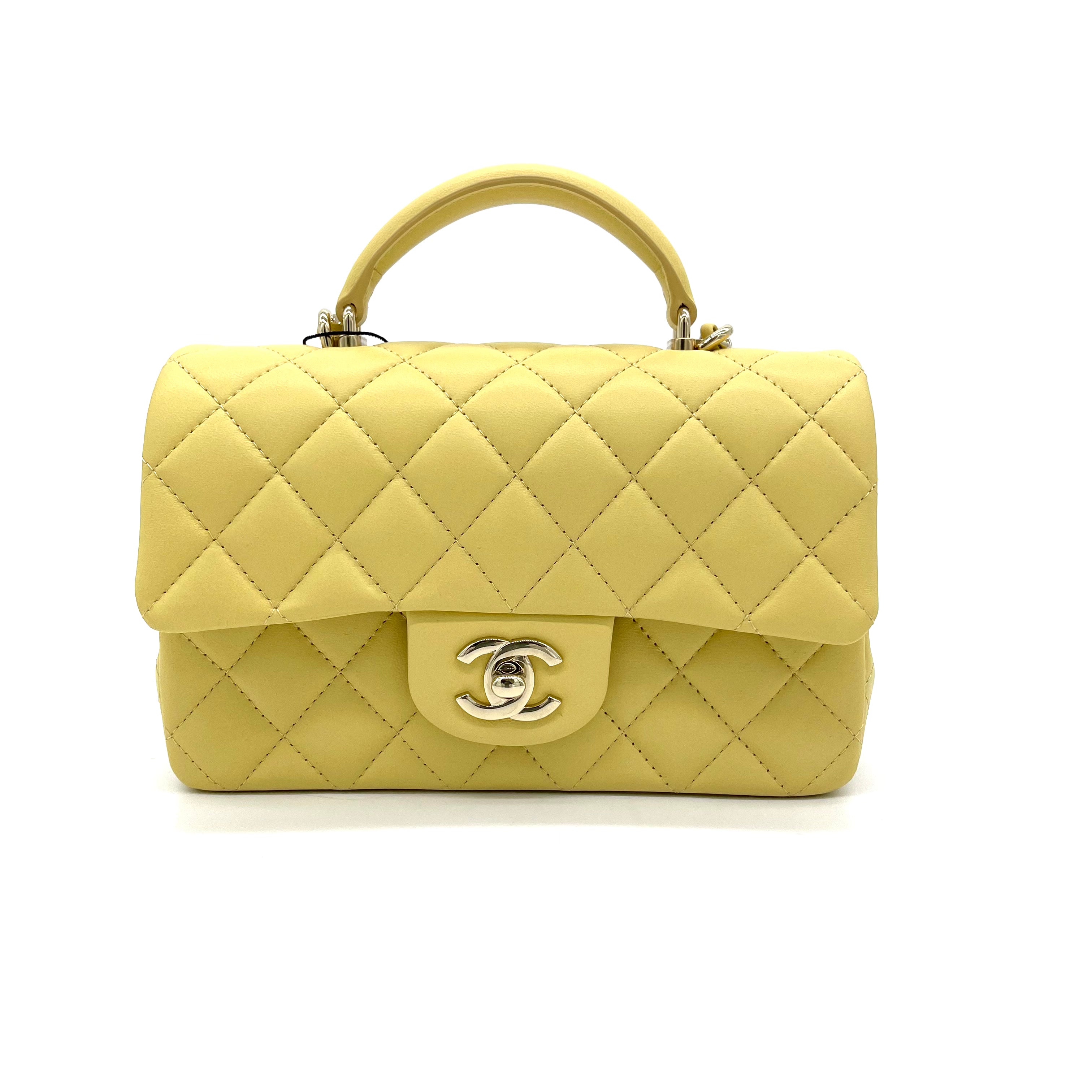Chanel Mini Rectangular Flap with Top Handle Yellow Lambskin Light Gold  Hardware - Yellow / New or Never Worn / La… in 2023