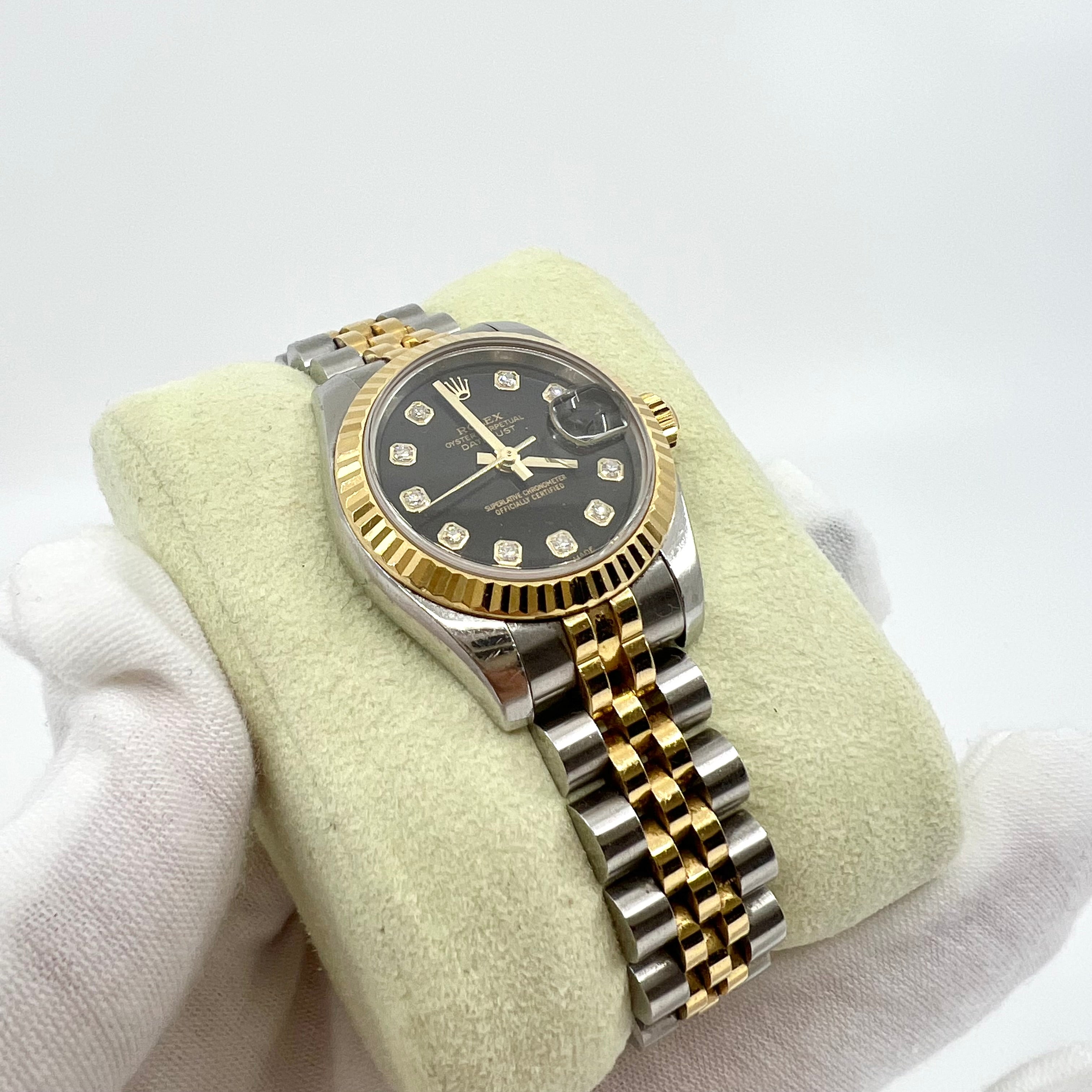 ROLEX 179173 Lady-Datejust 26mm Two-Tone Black Diamond Dial Fluted Bezel Jubilee Band