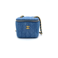 Brand New CHANEL Denim Quilted Pearl Crush Mini Vanity Case With Chain