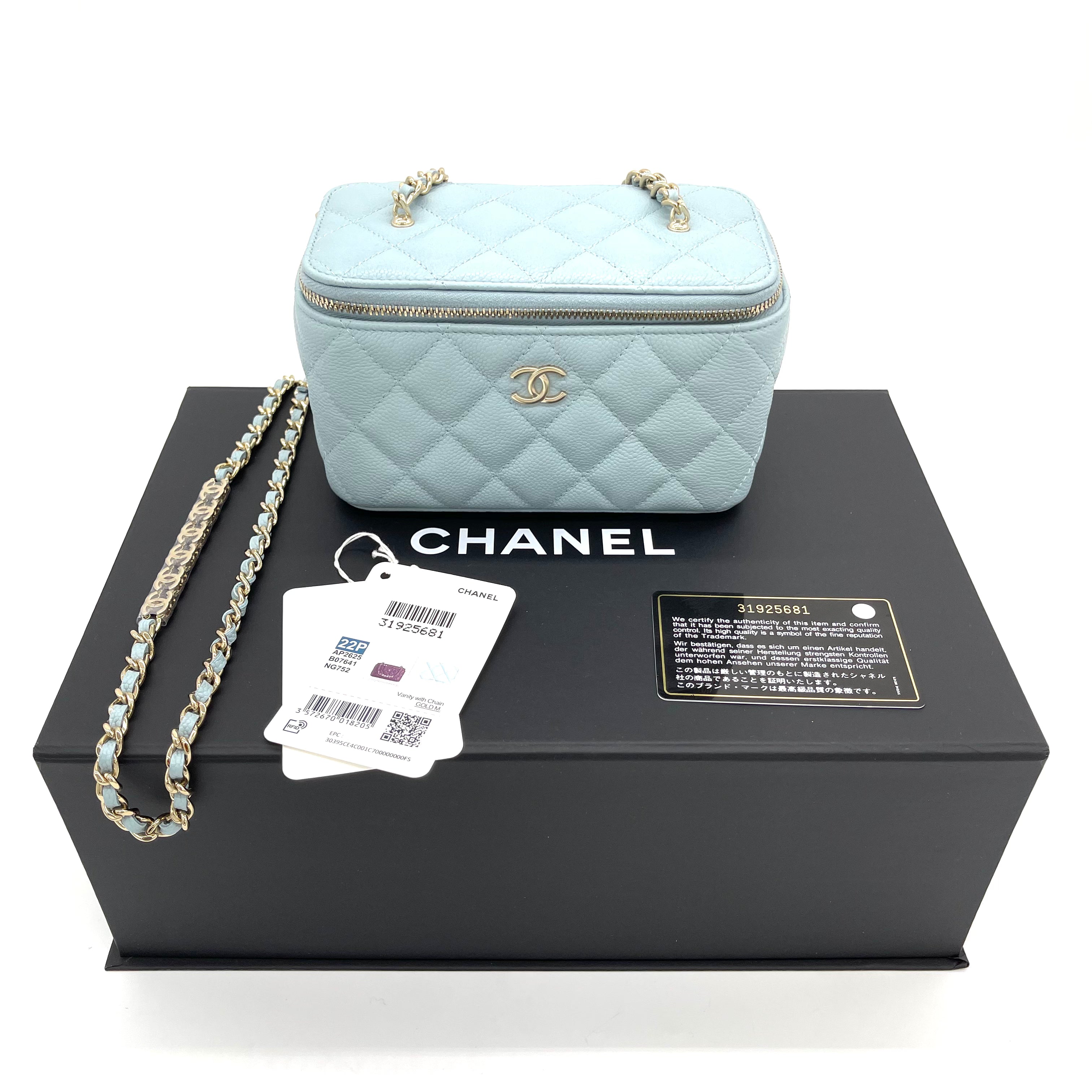 Brand New Chanel Classic Vanity Case with Chain Quilted Caviar Small Light Blue
