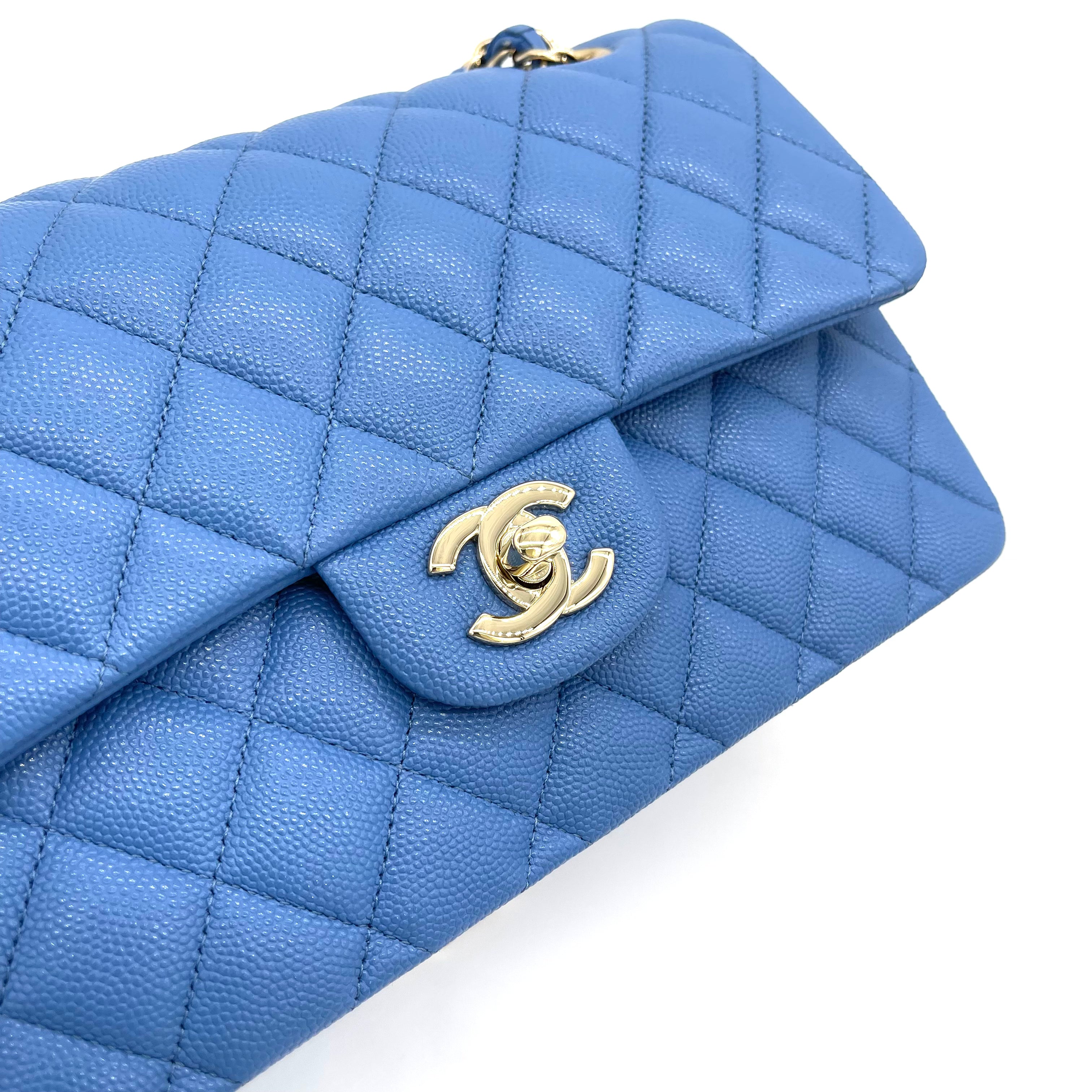 Light Blue Quilted Caviar Leather Small Classic Double Flap Bag