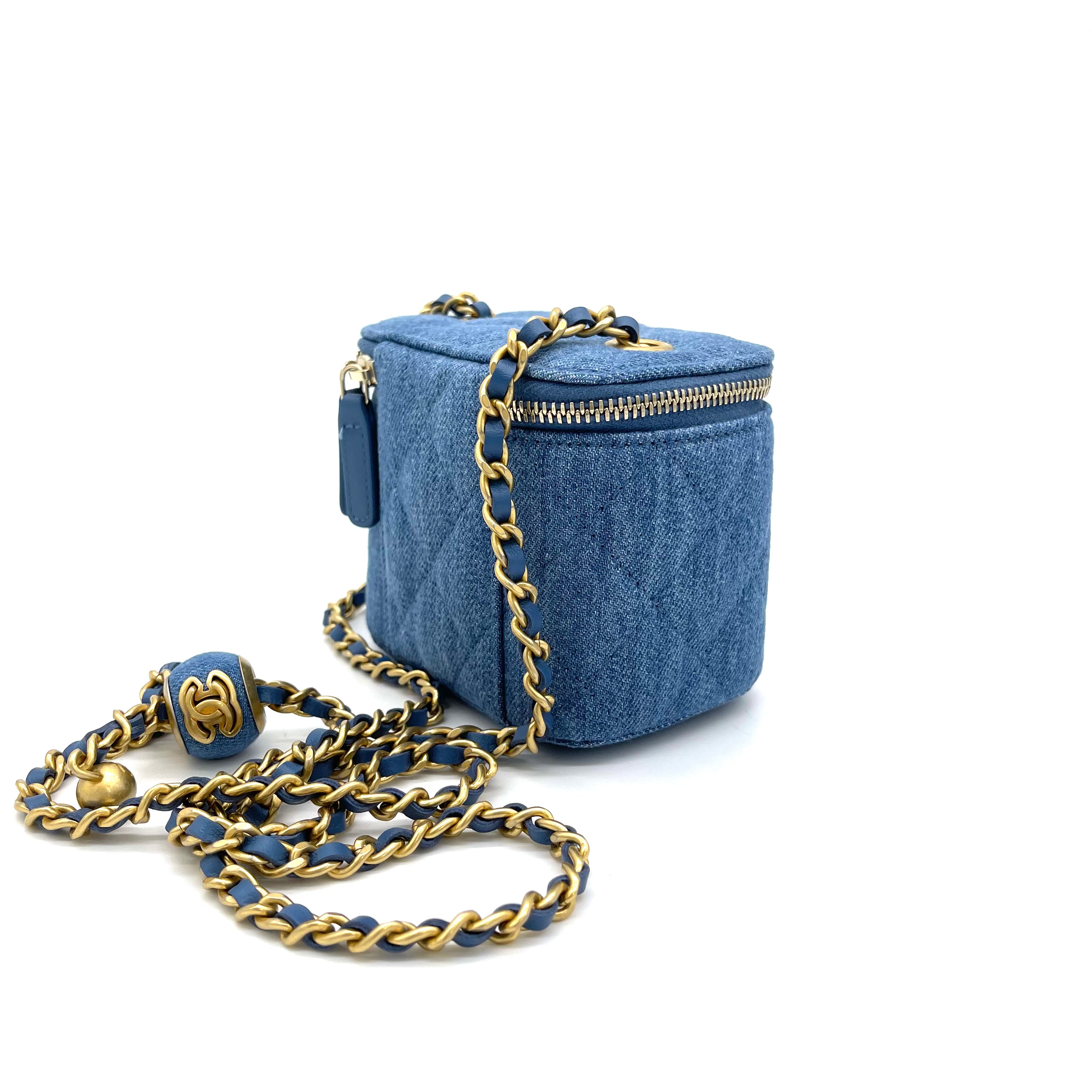 Authentic CHANEL Denim Blue Pearl Crush Mini Vanity Camera Bag GHW