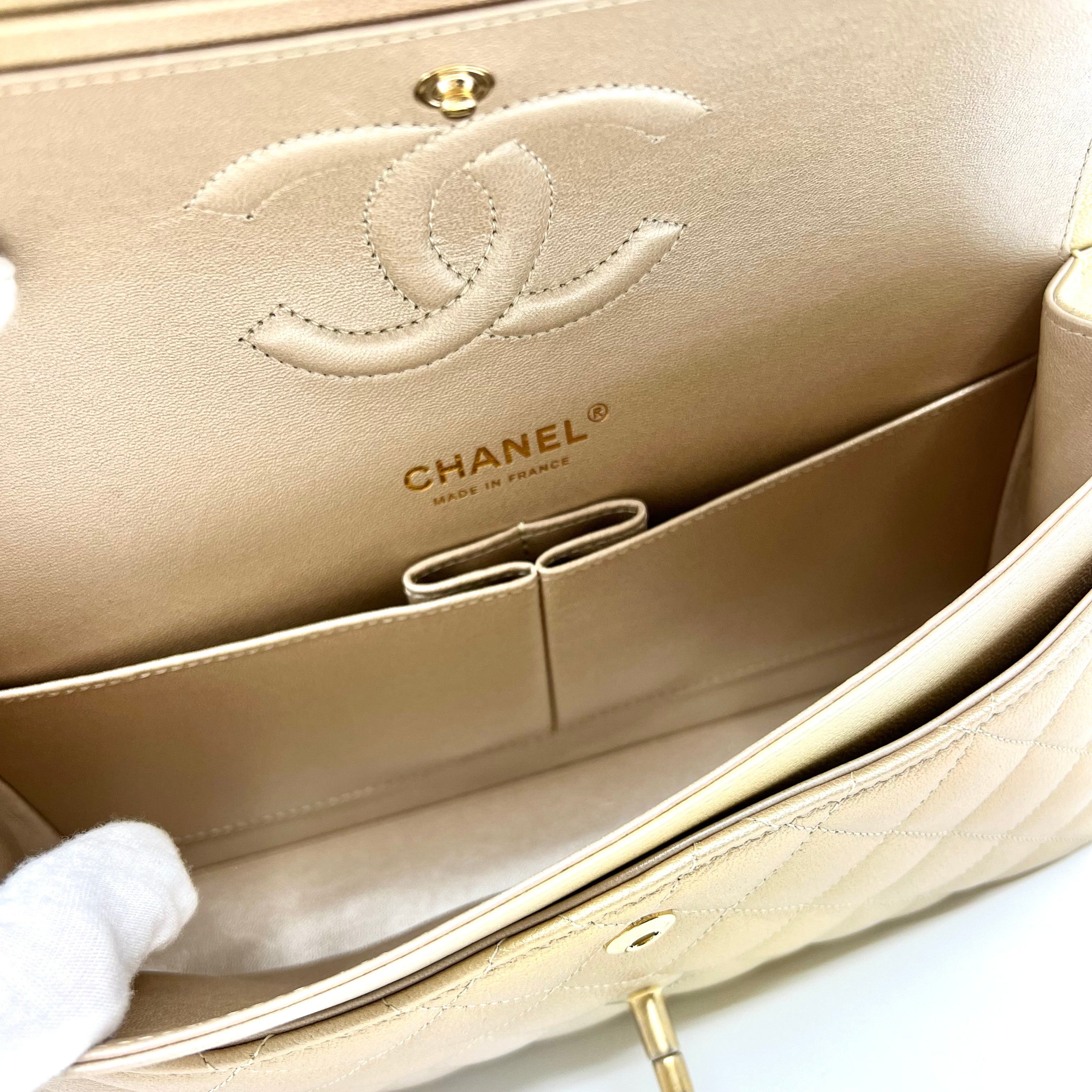 2022 Year CHANEL Classic Iridescent Lambskin Quilted Medium Double Flap Beige/Golden Handbag