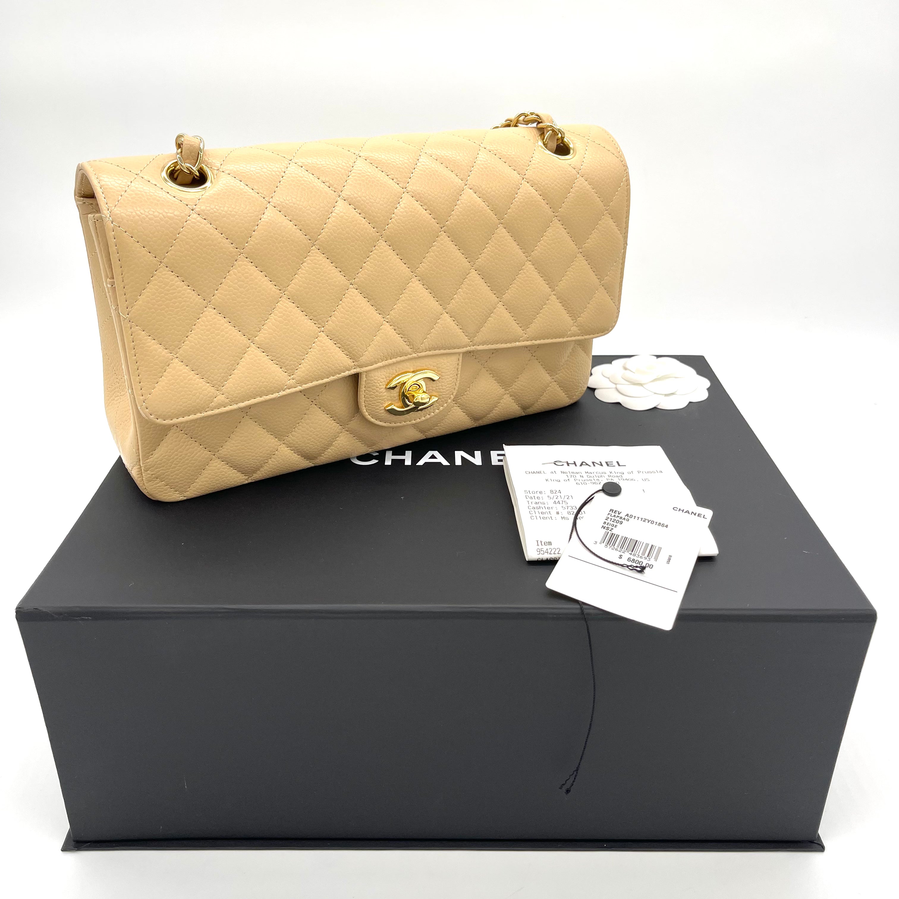 Chanel Medium Beige Double Flap Caviar Classic Flap Bag in Box No