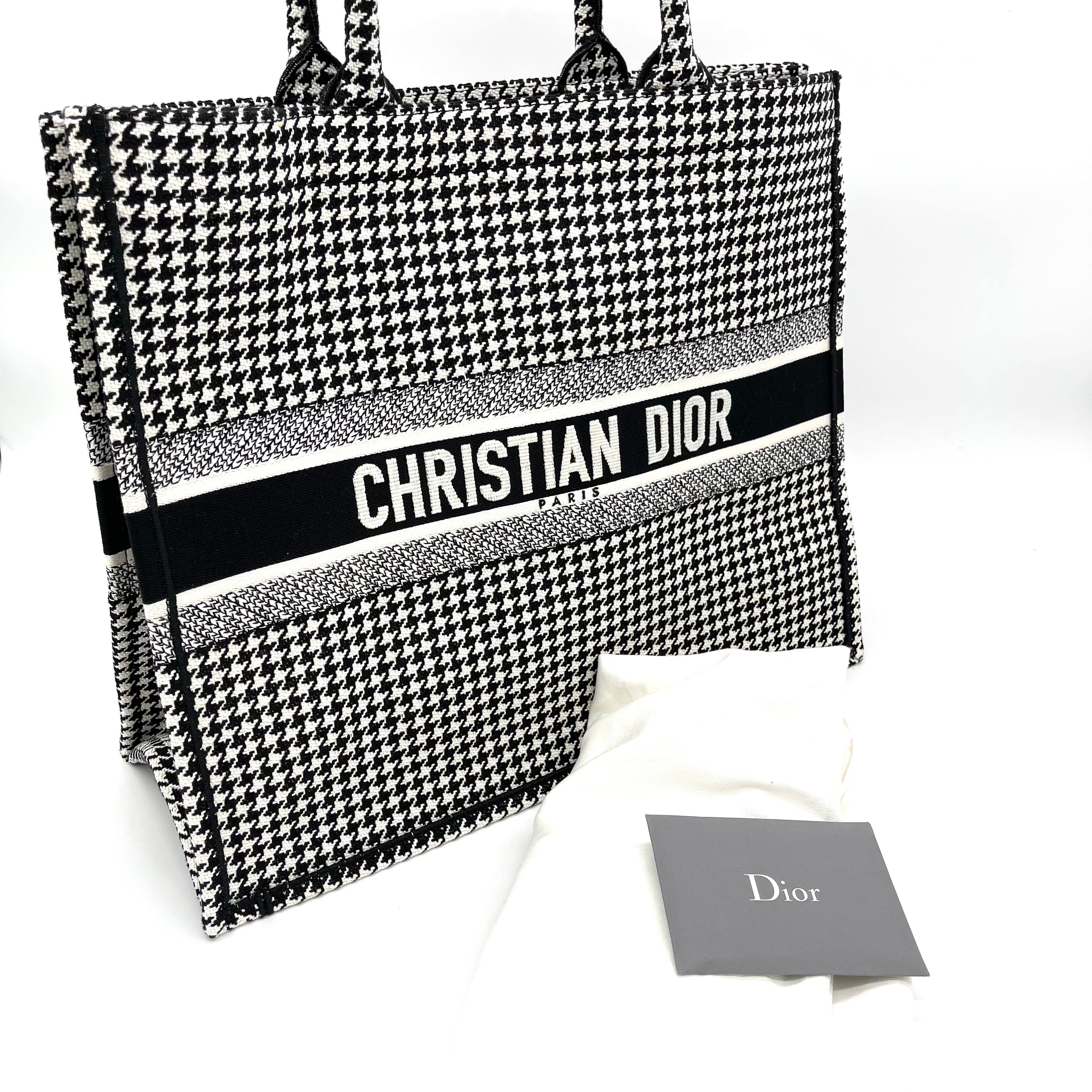 Brand New LARGE DIOR BOOK TOTE Black Macro Houndstooth Embroidery –