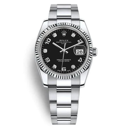 2016 Year ROLEX 115234 Oyster Perpetual Date 34 Automatic Black Dial Diamond (Black 5 Arabic Numerals 5 Diamonds