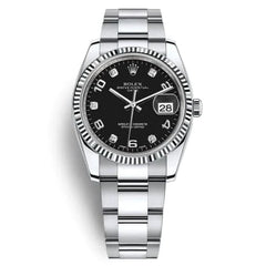 2016 Year ROLEX 115234 Oyster Perpetual Date 34 Automatic Black Dial Diamond (Black 5 Arabic Numerals 5 Diamonds