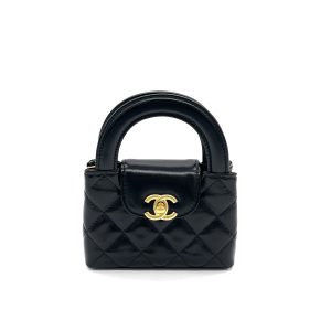 CHANEL Shiny Aged Calfskin Quilted Mini Nano Kelly Shopper Black