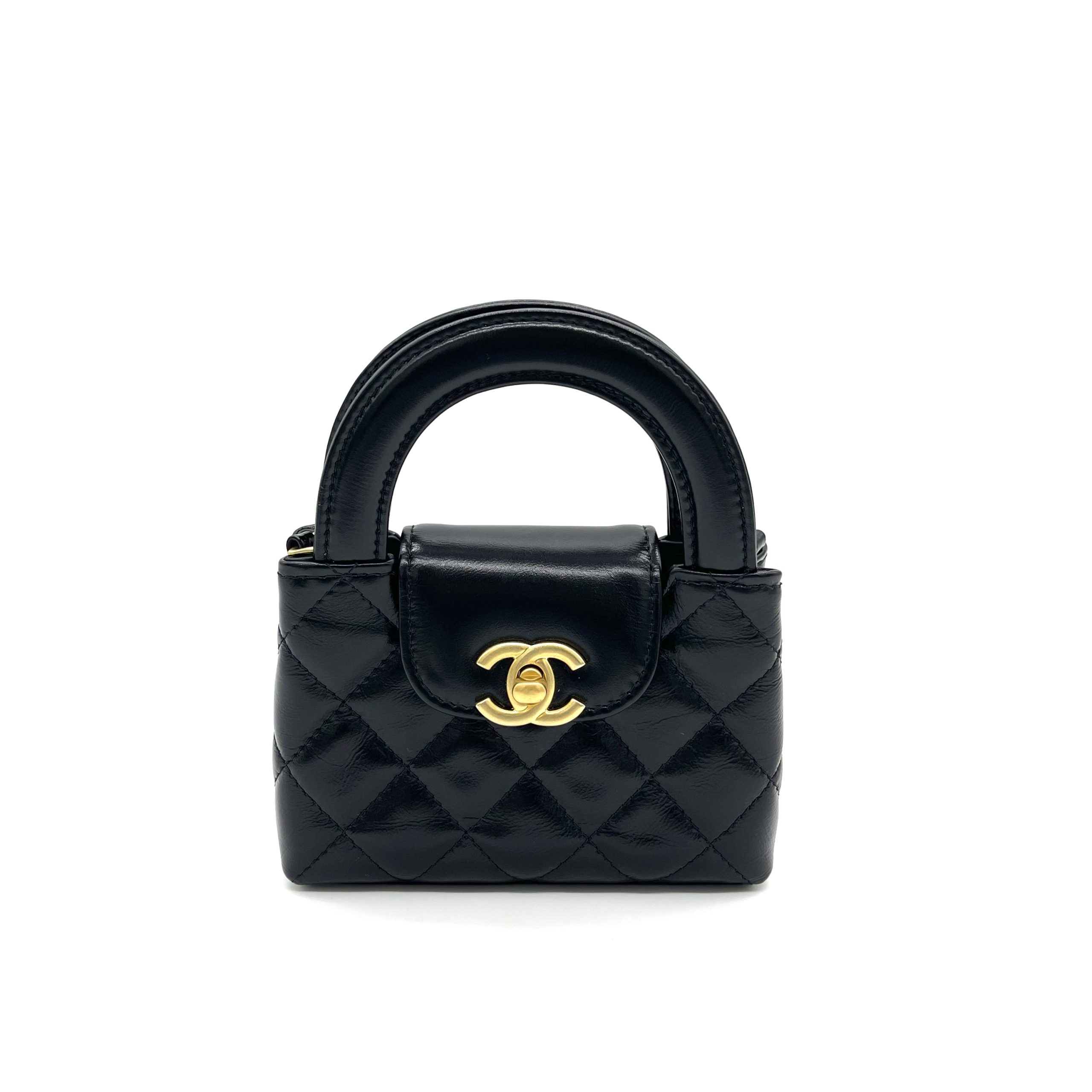CHANEL Shiny Aged Calfskin Quilted Mini Nano Kelly Shopper Black