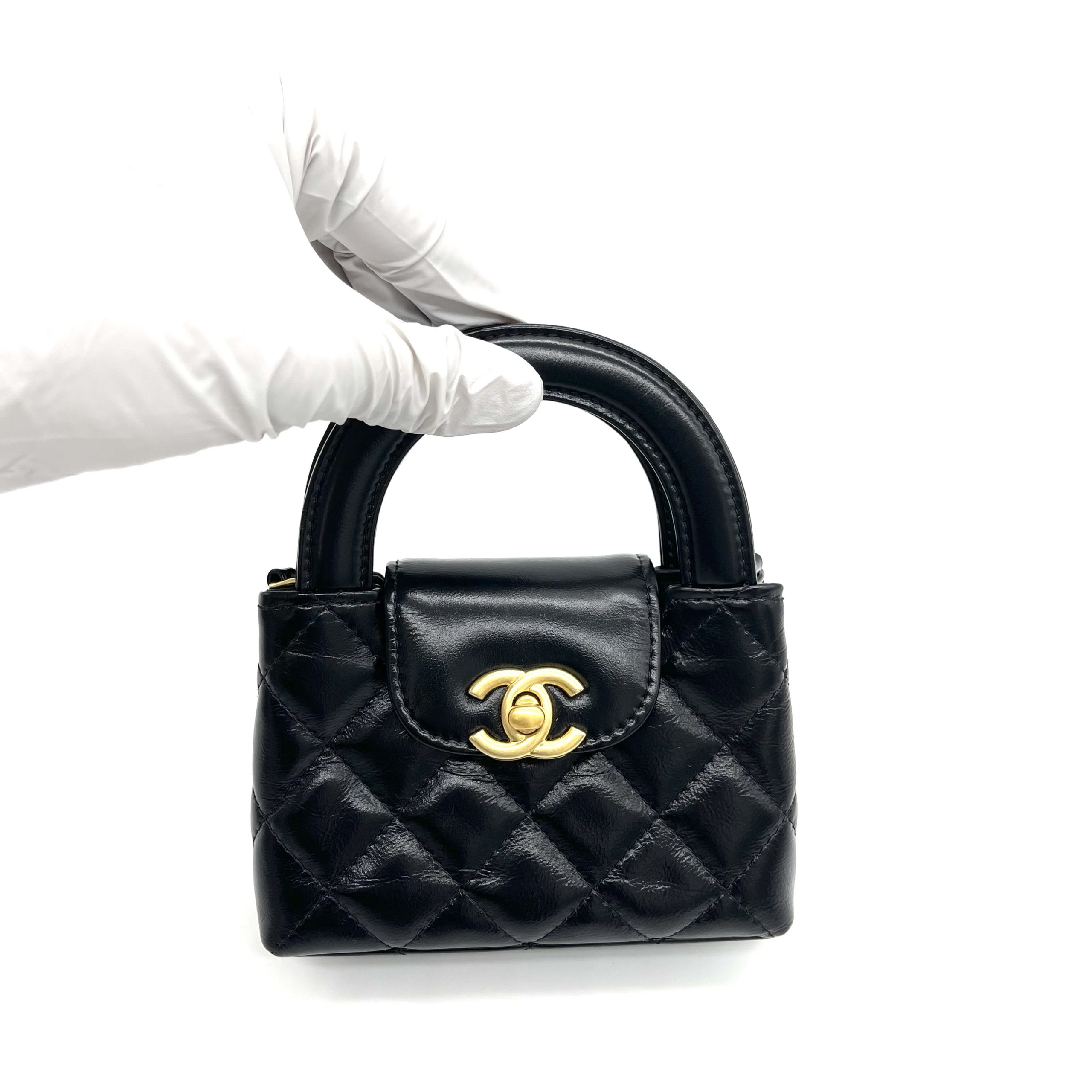 CHANEL Shiny Aged Calfskin Quilted Mini Nano Kelly Shopper Black - Image 4