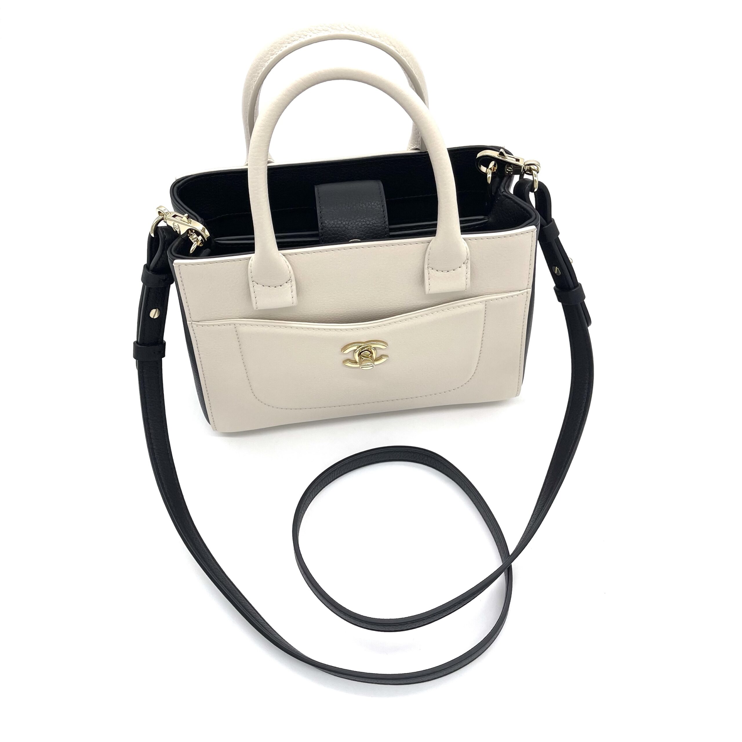 CHANEL Beige/Black Grained Calfskin Leather Neo Executive Mini Tote Bag - Image 9