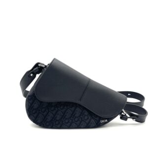 Dior Saddle Bag in Black Grained Taurillon Leather and Black Dior Oblique Jacquard (Men’s)