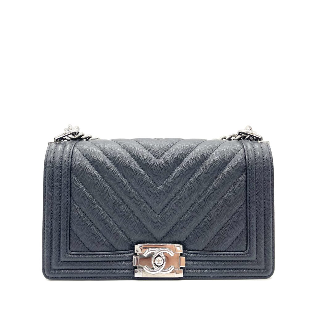 Chanel Medium Chevron Boy Flap Bag Black Caviar with Silver Hardware