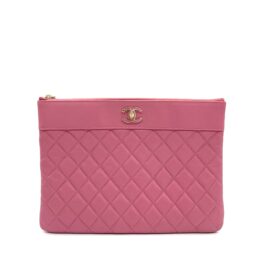 Chanel Mademoiselle Vintage Medium Zip Pouch Pink Sheepskin Quilted
