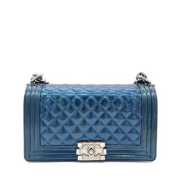 Chanel Blue Metallic Patent Leather Old Medium Boy Bag Silver Hardware