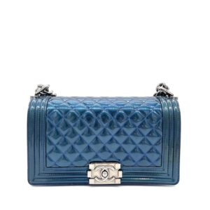 Chanel Blue Metallic Patent Leather Old Medium Boy Bag Silver Hardware