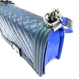 Chanel Blue Metallic Patent Leather Old Medium Boy Bag Silver Hardware